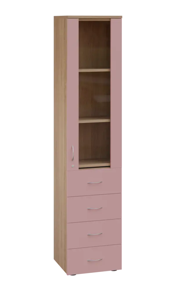 LE - 44 skříň léková prosklená, pravá, korpus dub bardolino, dvířka pastelově růžová